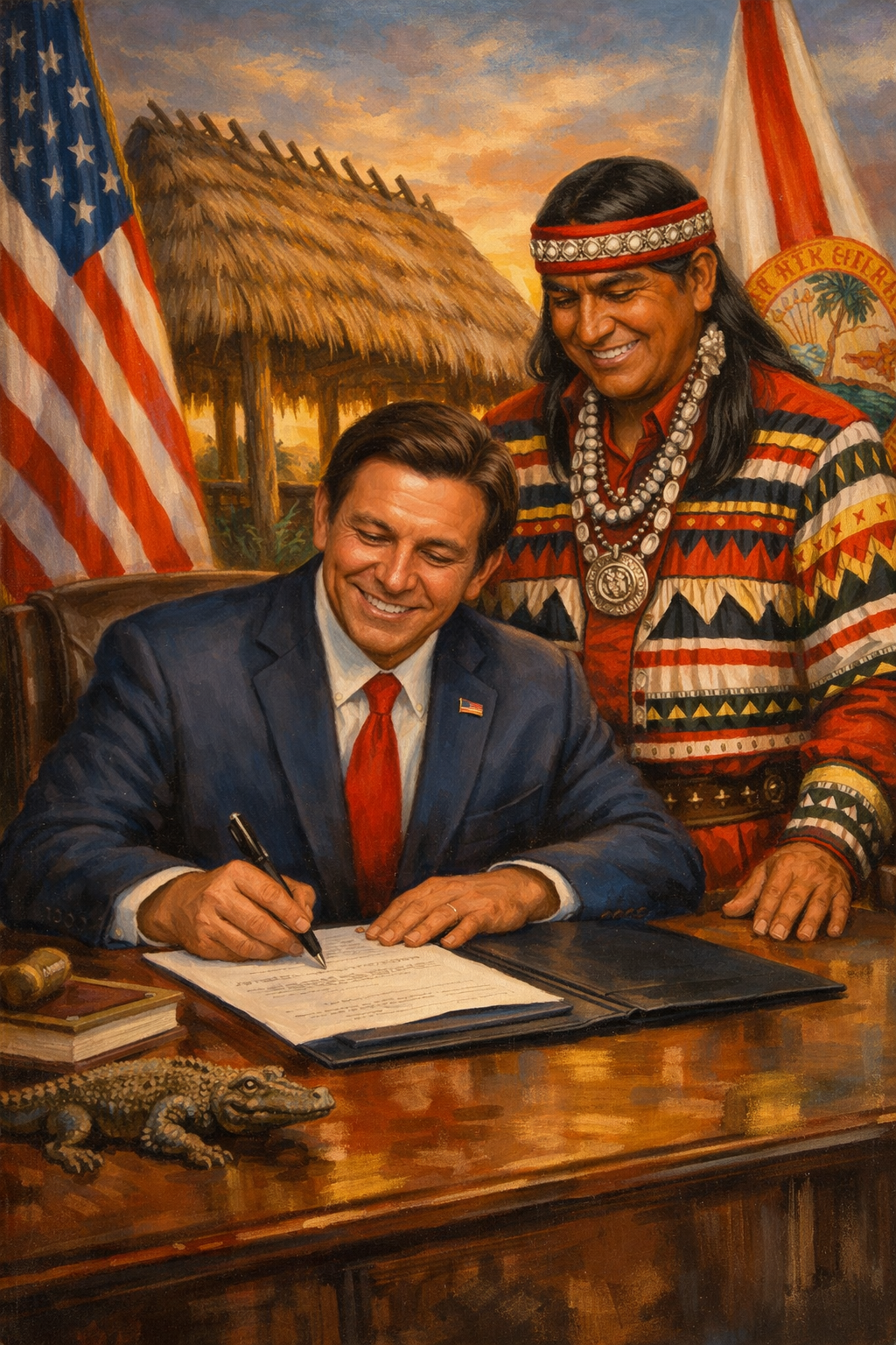 Artistic rendering of a Florida bill signing related to Seminole chickee construction