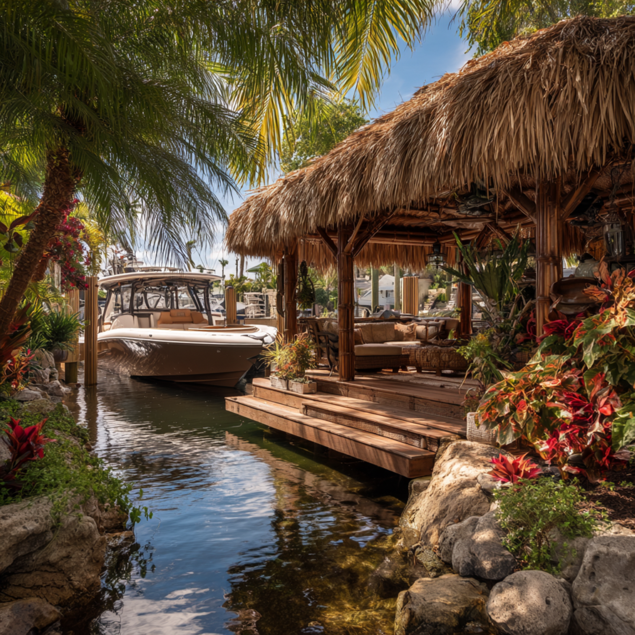Luxury waterfront tiki hut with boat and tropical landscaping